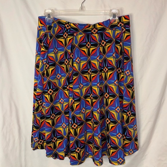 Lularoe Large Madison Pleated Pockets Geometric Pattern Blue Multi Color Skirt - Picture 6 of 7